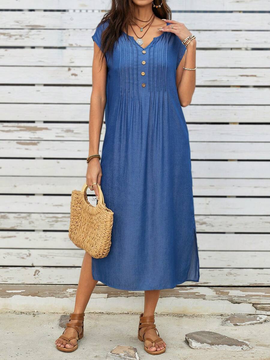 EMERY ROSE Váy denim xanh cổ khoét cài nút đơn giản thường ngày mùa hè - Màu xanh lam - Xem 1