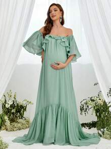 Faeriesty Dressalisa Maternity Off Shoulder Chiffon Prom Party Dress With Ruffle Design - Mint Green - View 1