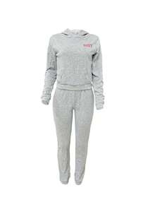 Women's Solid Color Hooded Sweatshirt With Letter Print And Pocket, Sports Set (European And American Style) - Light Grey - View 5