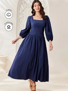 Mulvari Vestido De Manga De Linterna Con Cuello Cuadrado De Estilo Árabe Para Mujer - Azul Marino - Ver 3