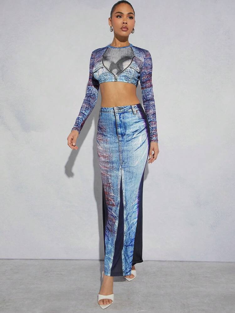Graphic-Washed Effect Body Map Print Top & Skirt Two Pieces Set