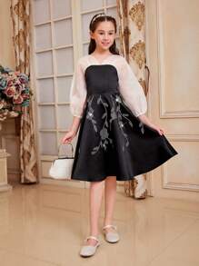 SHEIN Tween dziewczynka Śliczny Bańka Rękaw Szyfon Staw Iskrzący się Dekoracja z kryształu górskiego Średniej długości Sukienki