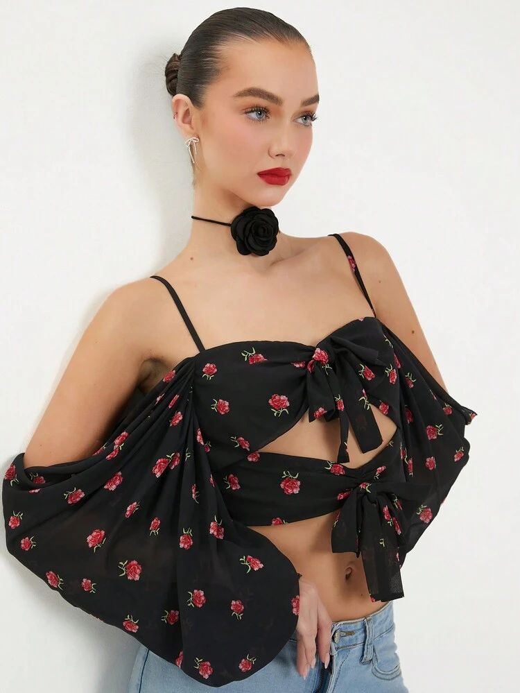 Frauen Florales Druck Vorne Knoten Off Schulter Langarmbluse