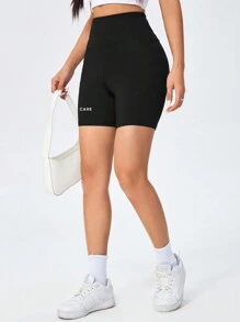SHEIN EZwear 简约英文字母印花针织骑行短裤，紧身女士打底裤适合夏季 - 黑色 - 查看 5