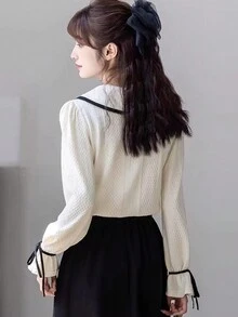 Women's Peter Pan Collar Textured Fabric Blouse,Long Sleeve Tops