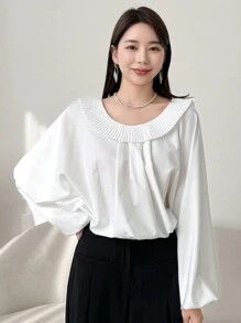 DAZY Back Bow Tie Detail Batwing Sleeve Blouse With Ruffle Hem,Fall Clothes Long Sleeve Top - White - View 3