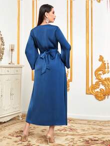 Women's Embroidered Patch Ribbon Patchwork Flare Sleeve Arabic Style Dress - Blue - View 2