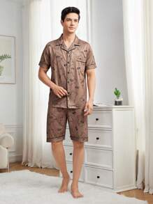 Men's Bear Printed Short Sleeve Top & Shorts Summer Homewear Set With Collar