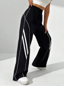 StreetHx Casual Colorblock Stripe Wide Leg Pants Fall Cloth For Women