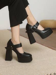 12cm磚形跟珍女鞋,2024年春季新品,防水平台,增高短靴適用 - 黑色 - 查看 1