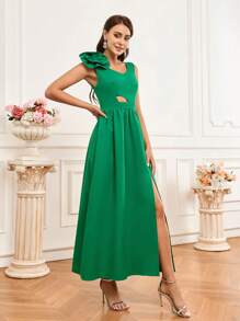 SHEIN Belle Solid Color 3d Flower Hollow Out Slit Bridesmaid Dress - Green - View 5