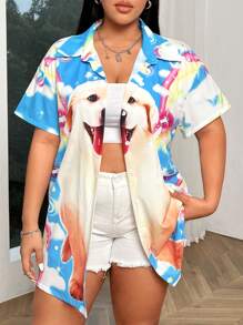 SHEIN MOOSTA Camisa Con Estampado De Perros De Talla Grande - Multicolor - Ver 3