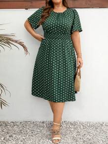 SHEIN Clasi 大码女式波尔卡圆点收腰短袖连衣裙女装，适合夏季 - 墨綠色 - 查看 3