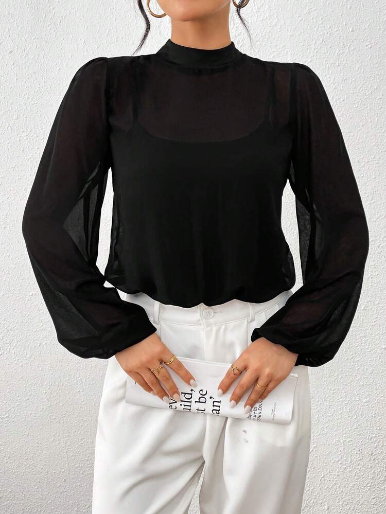 Women's Lantern Sleeve Chiffon Mock Neck Bodysuit