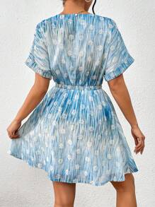 SHEIN Essnce Flower Embroidered Short Sleeve Belted Dress #Easter - Multicolor - View 2