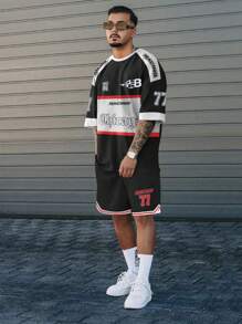 Manfinity LEGND Men'S Color Blocking Alphabet Print T-Shirt And Shorts Set