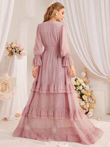 Women's Chiffon Ruffle Notched Neck Maxi Bridesmaid Dress - Pink - View 2