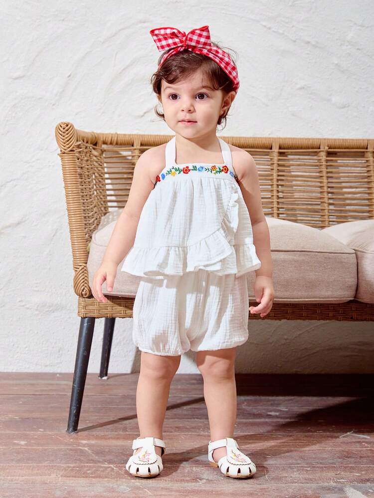 Baby Girl Lovely Floral Print Tank Top With Ruffle Hem And Solid Color Shorts Summer Outfit