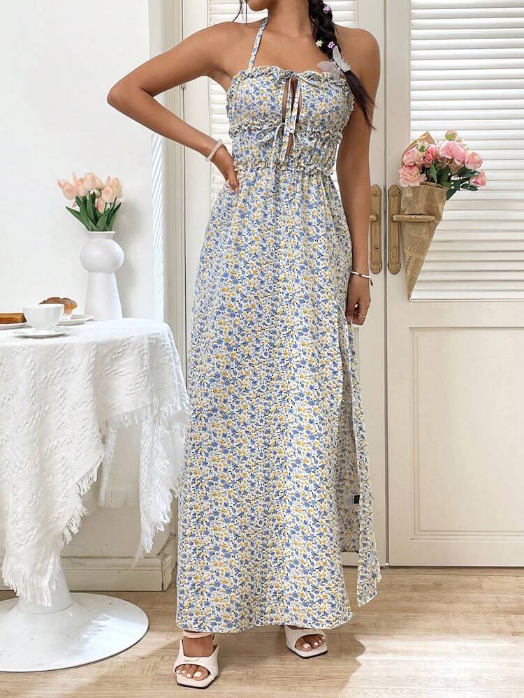 Women's Floral Print Halter Neck High Split Dress