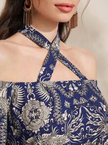 Al Najma Full Print Crisscross Halter Lantern Sleeve Fuzzy Hemline Dress, Belt Not Included - Blue - View 5