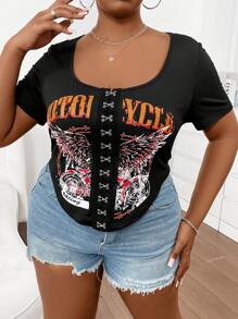 Flirla Plus Size Wing & Letter Print Button Front Short Sleeve T-Shirt - Black - View 5