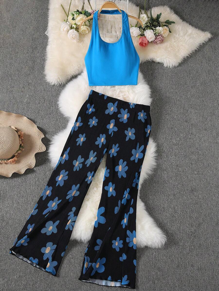 Flirla Plus Size Solid Color Halter Top & Flower Printed Wide Leg Pants 2pcs/Set