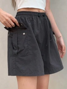 DAZY Women's Drawstring Waist Cargo Shorts - Dark Grey - View 10