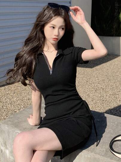 DAZY 纯色半拉链前抽绳侧裙太阳裙，休闲女装