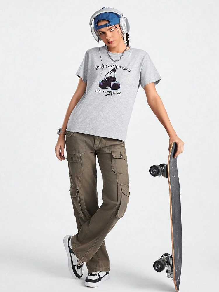 Cherry & Letter Print Short Sleeve Sports T-Shirt