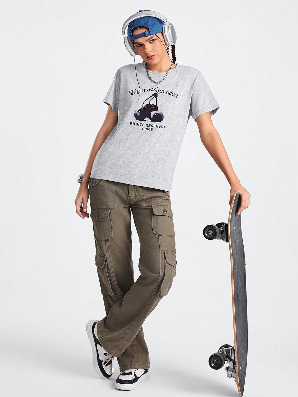 Cherry & Letter Print Short Sleeve Sports T-Shirt