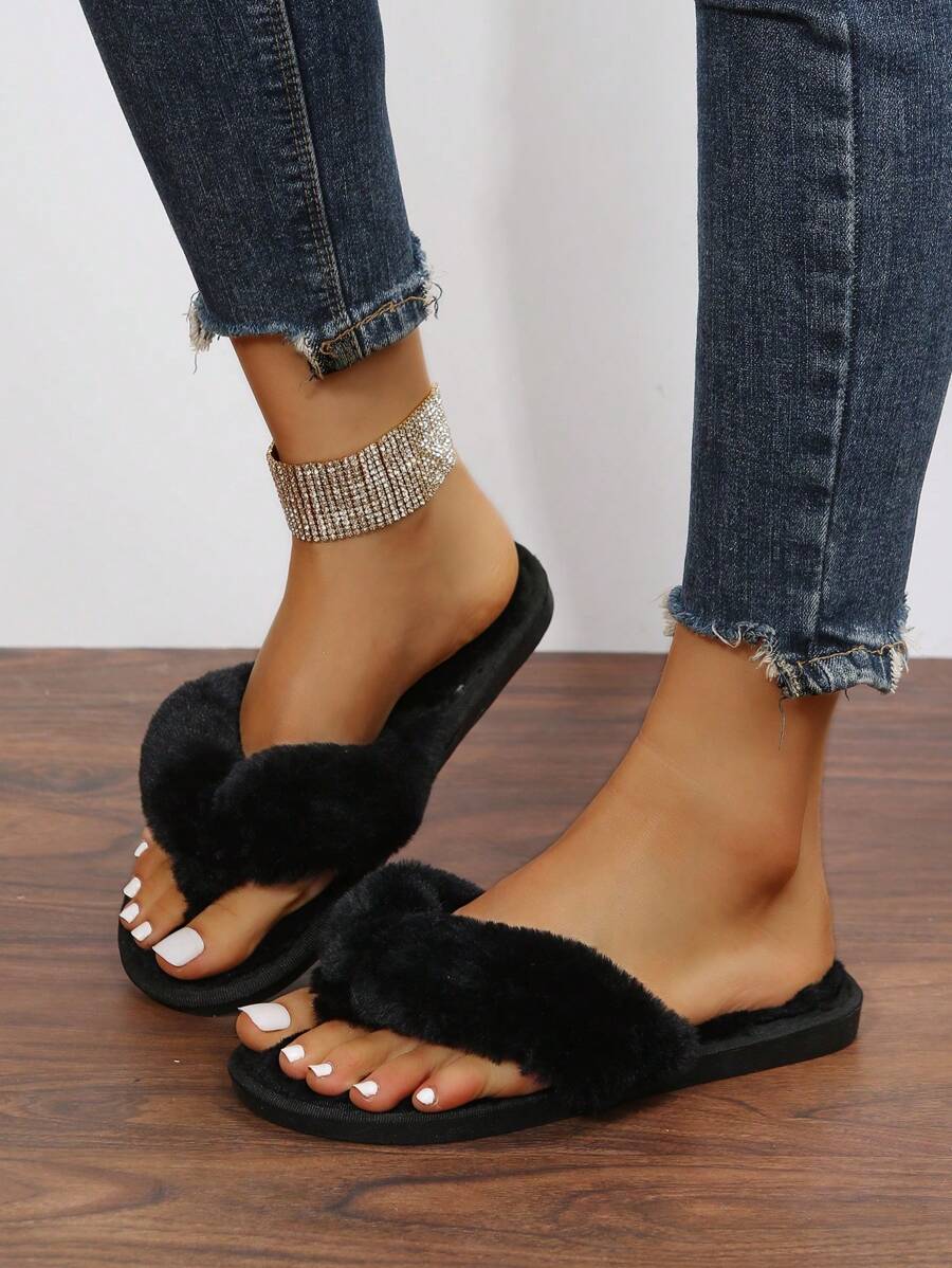 Fall/Winter Indoor/Outdoor Women's Fuzzy Slippers, Open Toe Slide House Shoes,Fluffy Slippers - Black - View 1