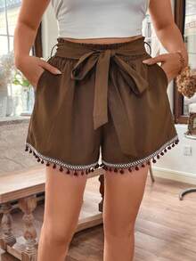 SHEIN Holidaya 大尺碼編織腰帶拼接短褲,帶流蘇邊 - 棕色 - 查看 3