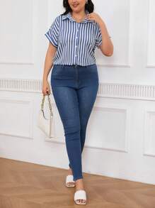 SHEIN Frenchy Plus Size Striped Button Front Batwing Sleeve Shirt - Blue and White - View 5