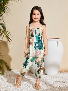 SHEIN Young Girl Woven Tropical Plant Print Loose Casual Vacation Cami Jumpsuit - Beige - View 5