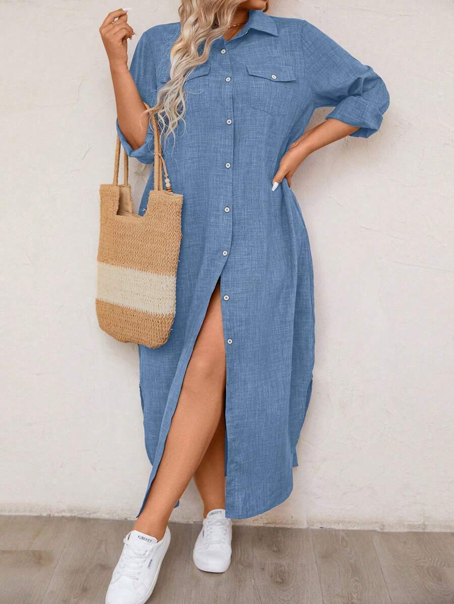 EMERY ROSE Plus Size Solid Color Front-Breasted Loose Casual Dress Maxi Women Outfit Fall Cloth For Women - Baby Blue - View 1
