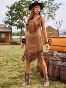 RELISH NOLESS Women Spring Summer Cowgirl Festival Outfit Country Concert Holiday Outwear Casual Sexy Boho Vacation Suede Fringe Dress - Camel - View 3