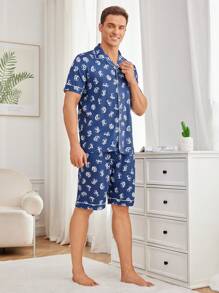 Men's Casual Homewear Set With Letter Print - Blue - View 4