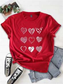 SHEIN LUNE Kích thước lớn Của phụ nữ Hình trái tim Ngắn tay Áo thun - Đỏ - Xem 3