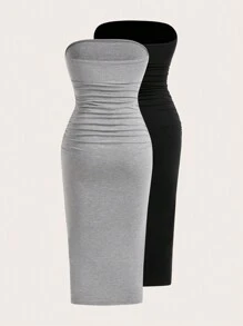 SHEIN EZwear Two-Piece Set Knitted Split Strapless Dress,Summer Dresses For Women - Multicolor - View 2