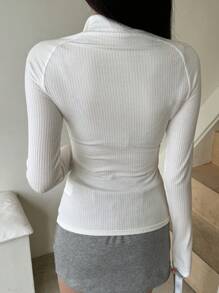 DAZY Camiseta de manga larga con cremallera y costillas de unicolor para mujer, ropa de otoño