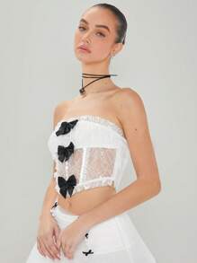 Enchnt Summer Women's Lace Strapless Corset Top With Bowknot Decoration - White - View 4