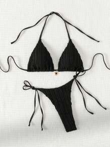 SHEIN Swim Summer Beach Women's Solid Color Halter Neck Two-Piece Bikini Set - Black - View 3