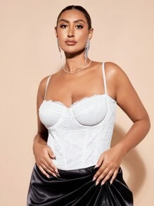 SHEIN BAE Kích thước lớn Cốc Chi tiết Thanh lịch Ren Nối Áo - trắng - Xem 4