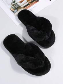 Fall/Winter Indoor/Outdoor Women's Fuzzy Slippers, Open Toe Slide House Shoes,Fluffy Slippers - Black - View 5