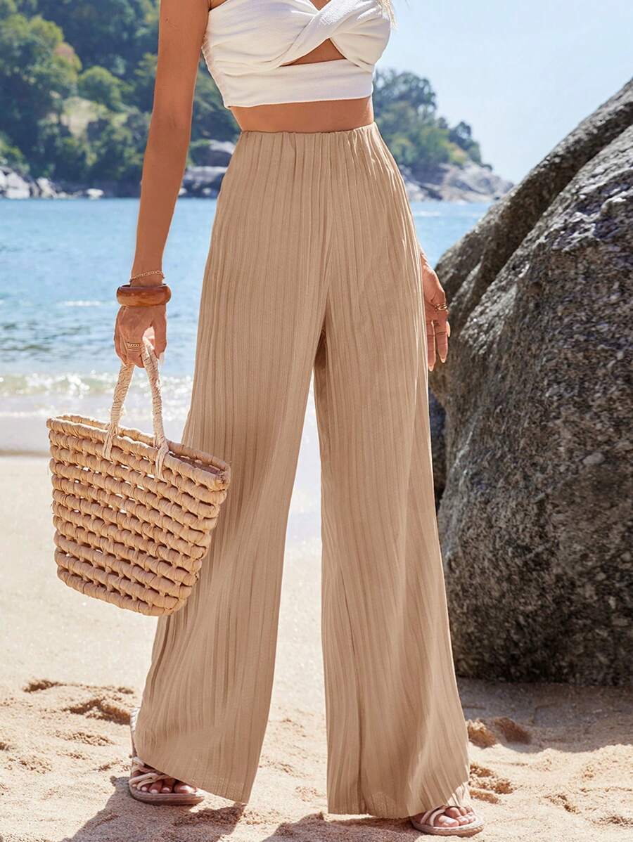 EURMUSE Wide Leg Pants, Pleating Fabric - Beige - View 1