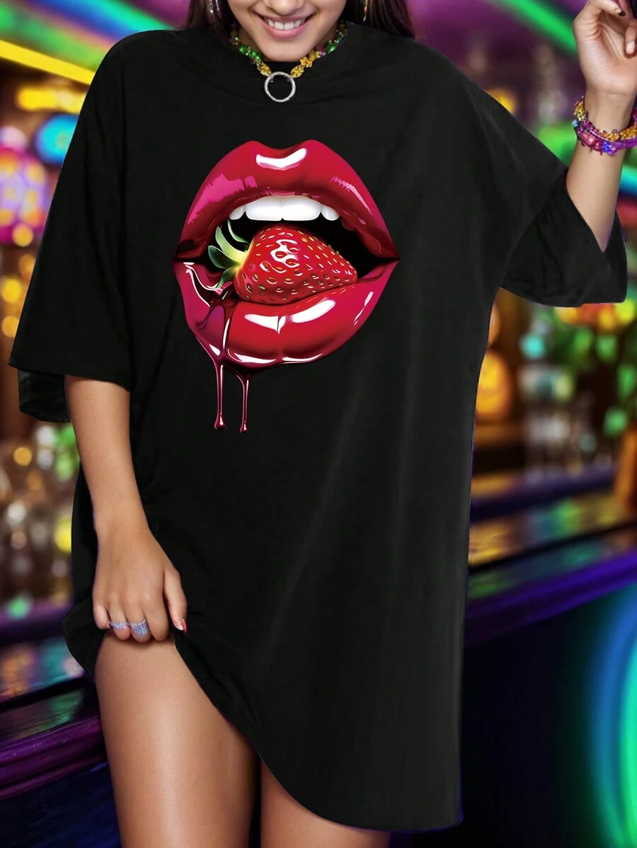 Flirla 大尺碼女士嘴唇圖案短袖t恤連衣裙 - 黑色 - 查看 1