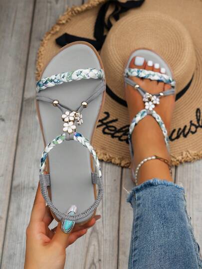 WRCVS 米色女士夏季凉鞋，编织休闲一脚蹬鞋，轻便防滑沙滩鞋，随机花卉图案手工串珠波西米亚风格户外复古鞋