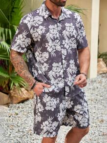 Manfinity RSRT Men's Plus Size Flower & Plant Print Shirt And Shorts Set - Multicolor - View 5