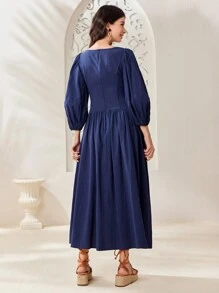 Mulvari Vestido De Manga De Linterna Con Cuello Cuadrado De Estilo Árabe Para Mujer - Azul Marino - Ver 7