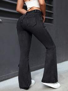 SHEIN ICON 女士修身喇叭牛仔褲 - 黑色 - 查看 4
